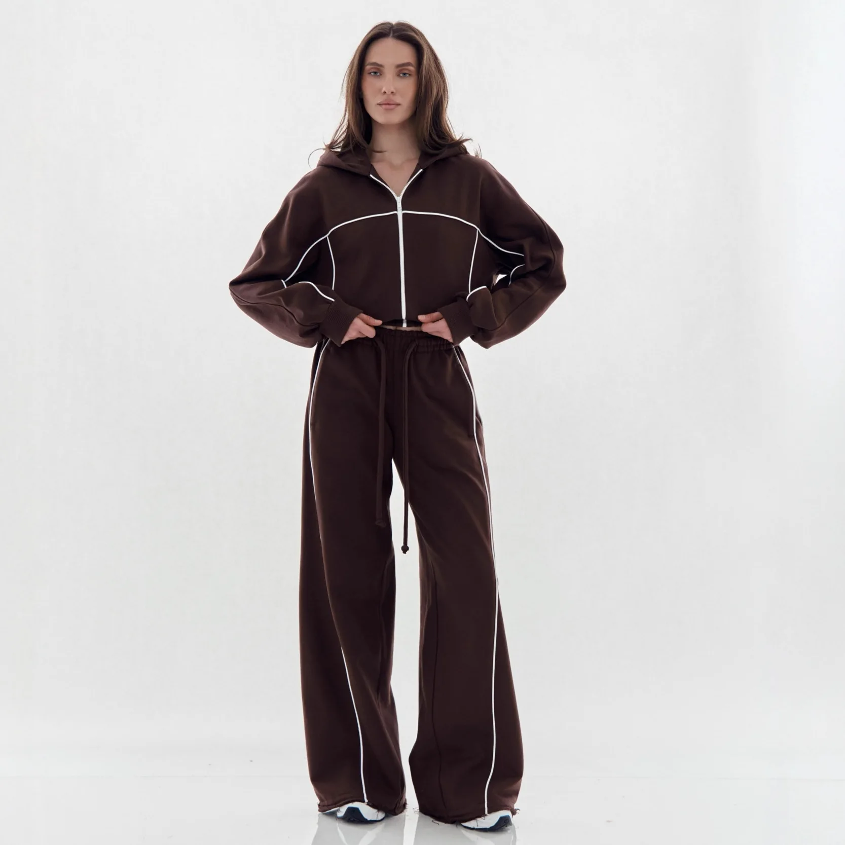 

2026 Amazon Cross-Border Casual For Women European And American Street Style Sleeve Hooded Cardigan Elastic Long Pants Two-Piece