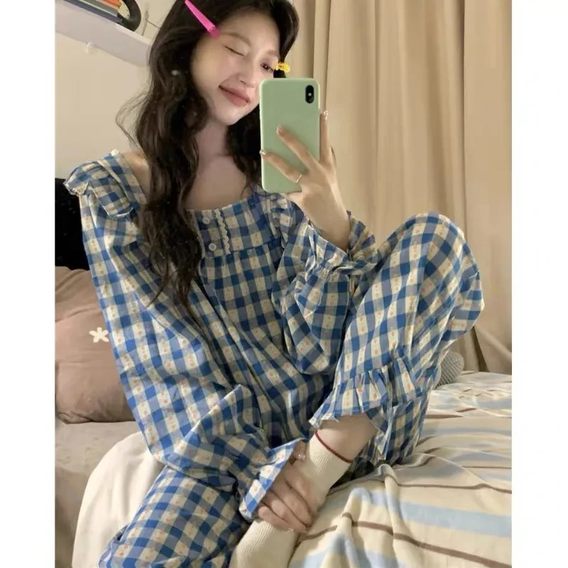 

Women's Pajamas New Autumn Spring Long Sleeve Soft Sleepwear Set Grid Cartoon Pyjama Woman Home Nightwear Set Cardigan