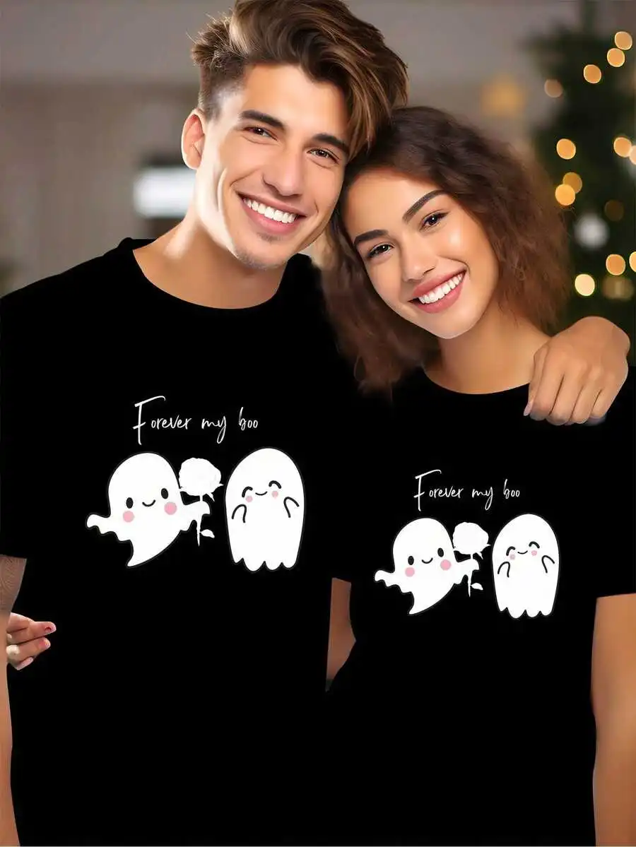 

Cotton Couple T-Shirt Forever My Boo Ghost Print Valentine Gift