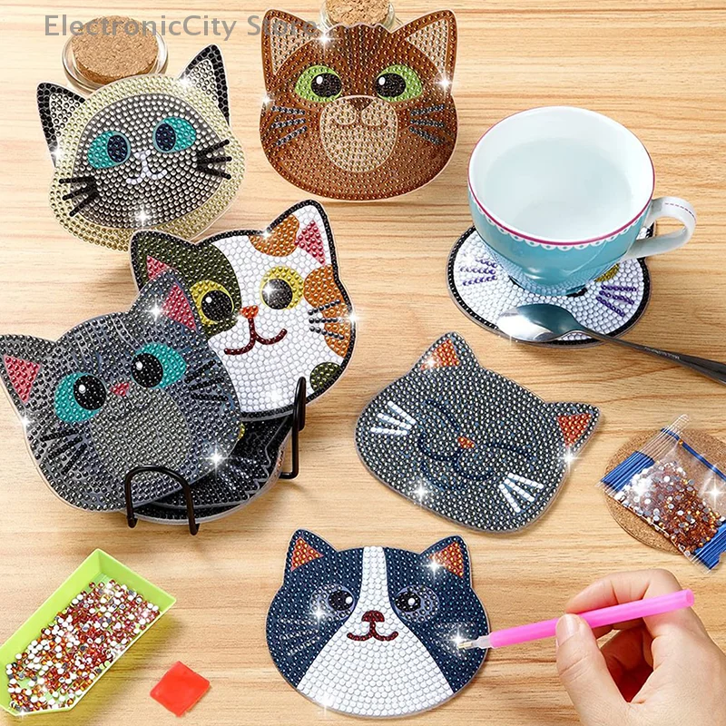 8pcs/Set DIY Cats Diamond Painting Coasters For Drinks Anti Slip Coasters With Holder Diamond Painting Coaster