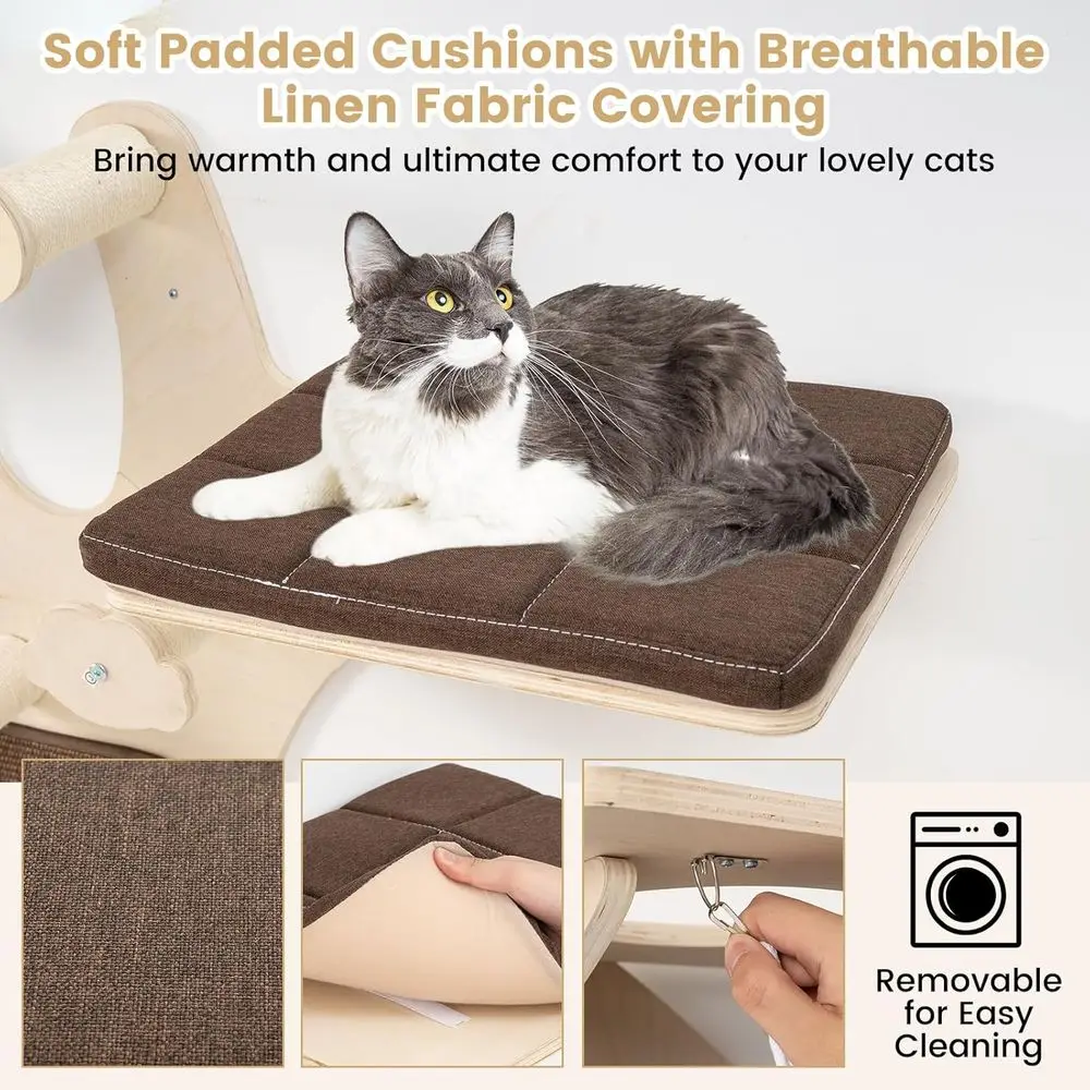 59 Wall-Mounted Cat Tree with Sisal Posts, Hammock, Perches, Washable Cushions