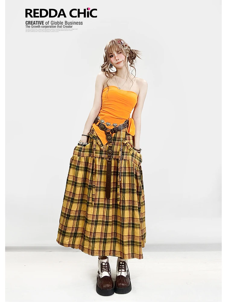 Américain rétro rue doux Cool Y2k Plaid épissage jupes à lacets nœud grande poche taille haute a-ligne longue jupe femmes été 2025