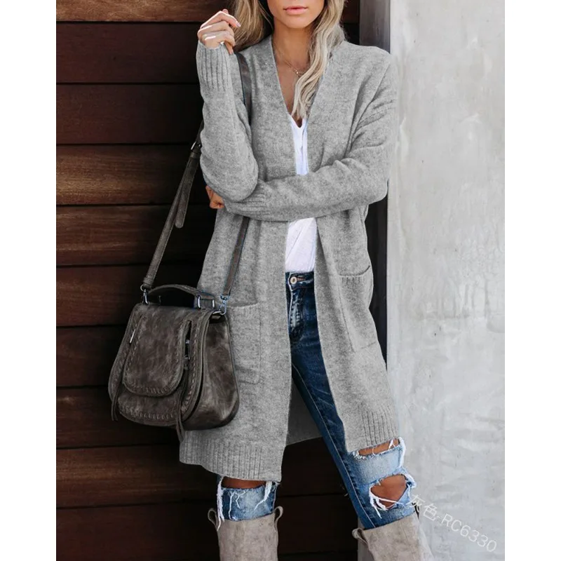 

Autumn Winter Casual Fashion Long Sleeve Solid Color Pocket Loose Coat Outwear Elegant Knitted Cardigan Sweater Top