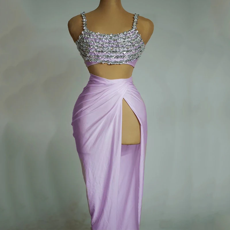 Nowy seksowny strój do tańca na rurze błyszczące Rninestones górna spódnica z rozcięciem damskie świętuj Gogo kostiumy tancerza sceniczny zestaw ubrań festiwalowych