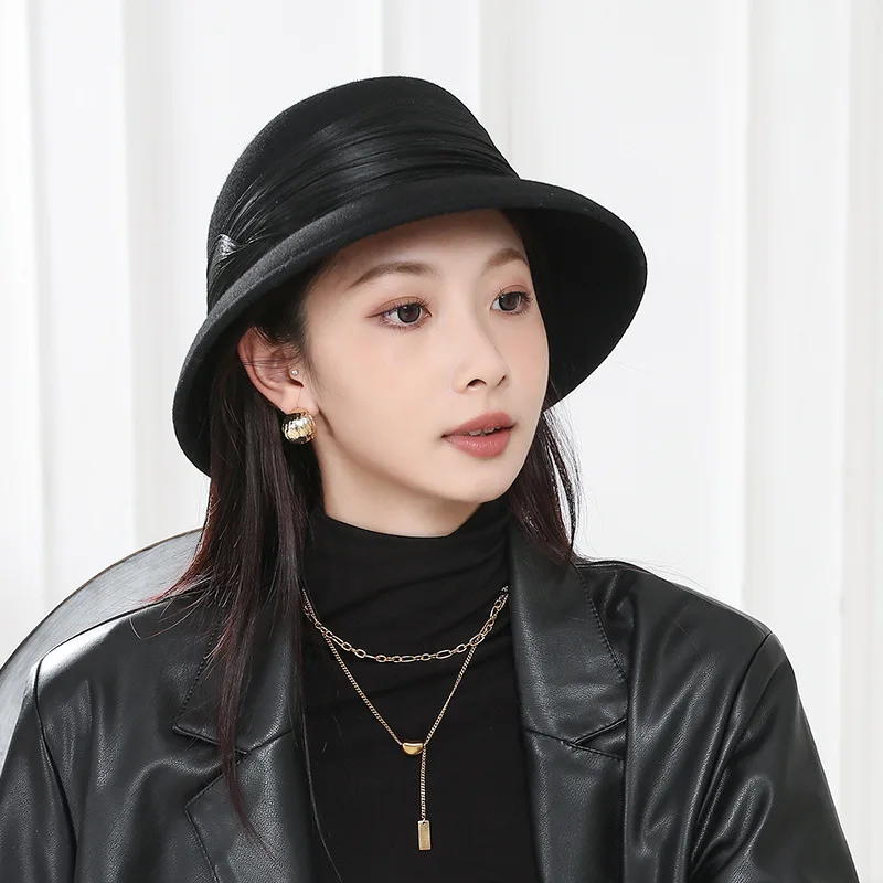 

Women's 100% Wool Elegant Fedora Hat - Autumn/Winter Daily Wear 57-58cm with Silk-Flax Decor Crescent Pleat Luxury Hat