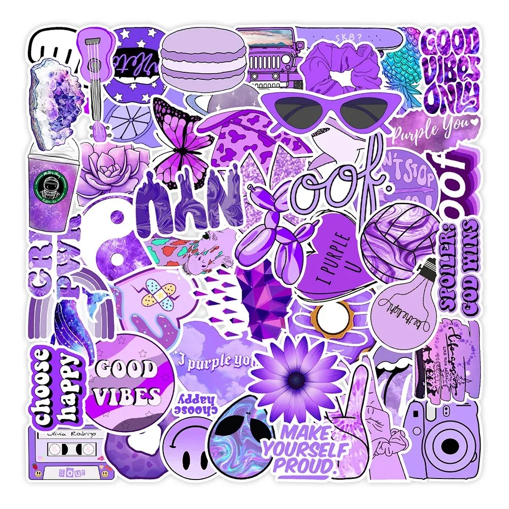 50PCS 2024 New Purple Small Fresh Graffiti Decoration Suitcase Guitar Waterproof Sticker