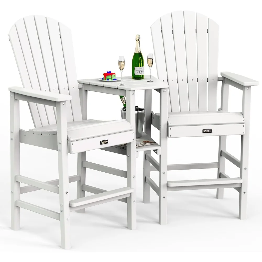 Chairs Set of 2 with Double Connecting Trays, HDPE All-Weather Outdoor Bar Stools Poly Deck Chairs  for Patio Backyard