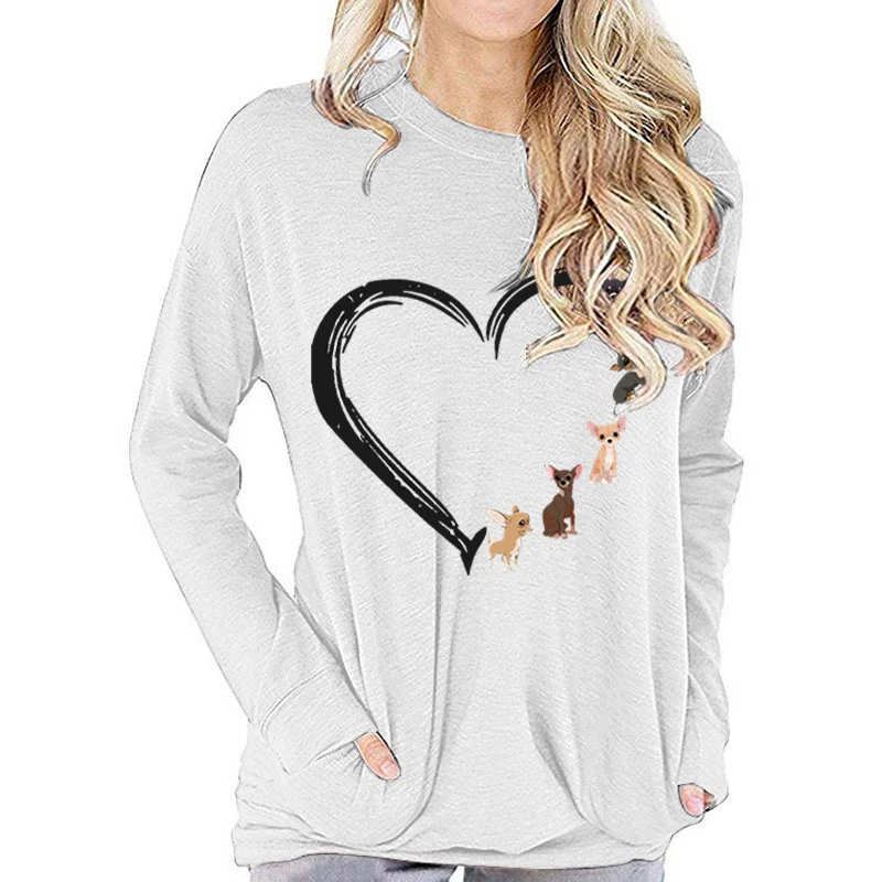 Cute Dog Heart Print Crew Neck T Shirt Women Casual Long Sleeve Autumn Tops Funny Animal Dog Lover Loose Fashion Ladies Tshirts