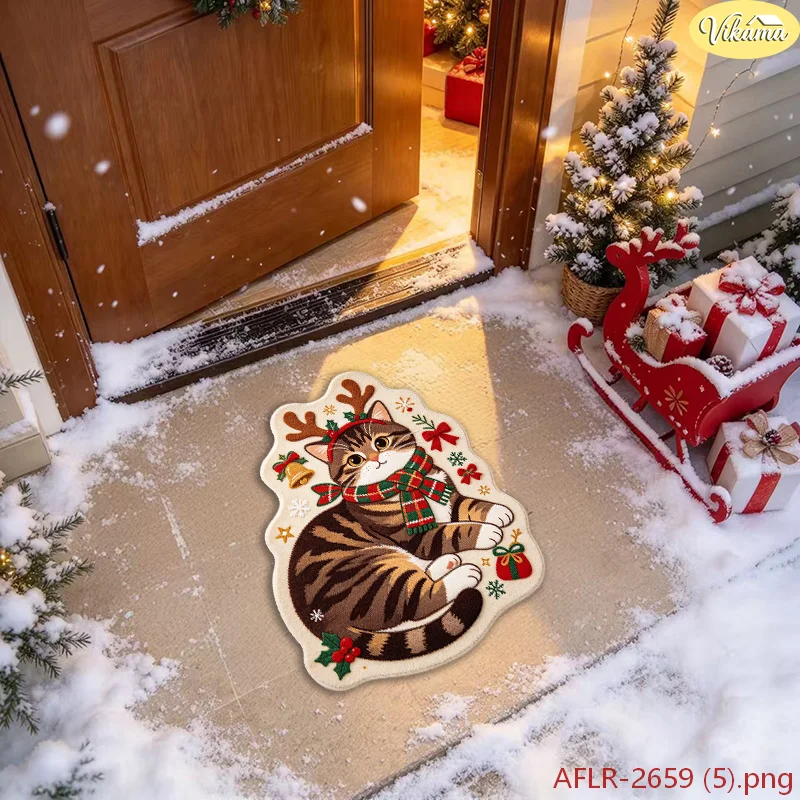 VIKAMA Christmas Cat Rug Cute Tabby With Reindeer Antlers Soft Area Carpet For Entryway Bedroom Non Slip Home Decor