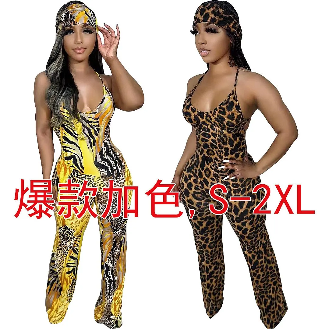 

Women Leopard Print Jumpsuit Spring Summer Sleeveless Overall Playsuit with Headband Matching Set