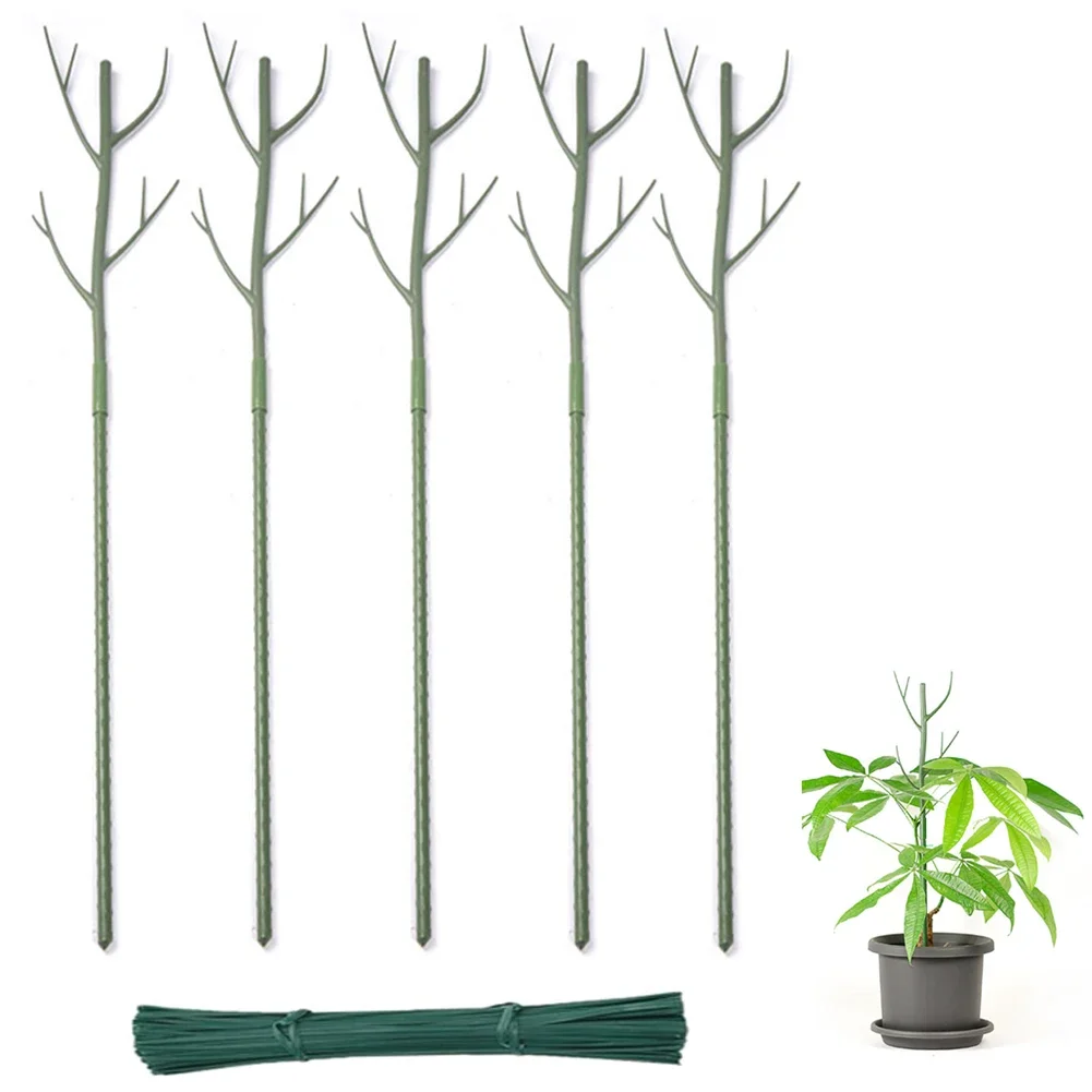 5Pcs Stackable Garden Plant Stakes Set with 25 Cable Ties Green Plastic Support for Indoor Outdoor Plants 70cm