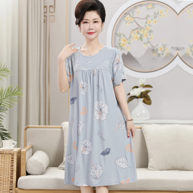 Elegant Floral Women Modal Cotton Long Nightgowns Sleepshirts Summer Home Dress Sleepwear Comfortable Nightdress Indoor Clothing