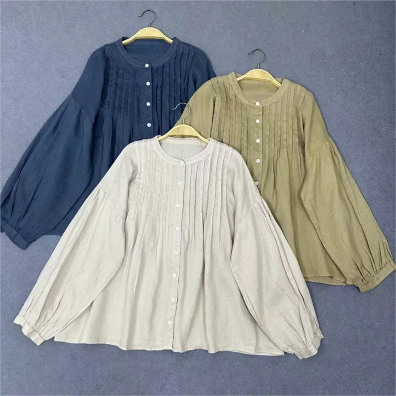 Johnature Fall 2024 New Women Crew Neck Japanese Linen Top Shirt Loose Cardigan Long Sleeve Vintage Casual Pleated Tops