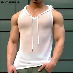 INCERUN Tops 2024 American Style Fashionable Men See-through Mesh Hooded Vests Sexy Leisure Streetwear Thin Male Tank Tops S-5XL