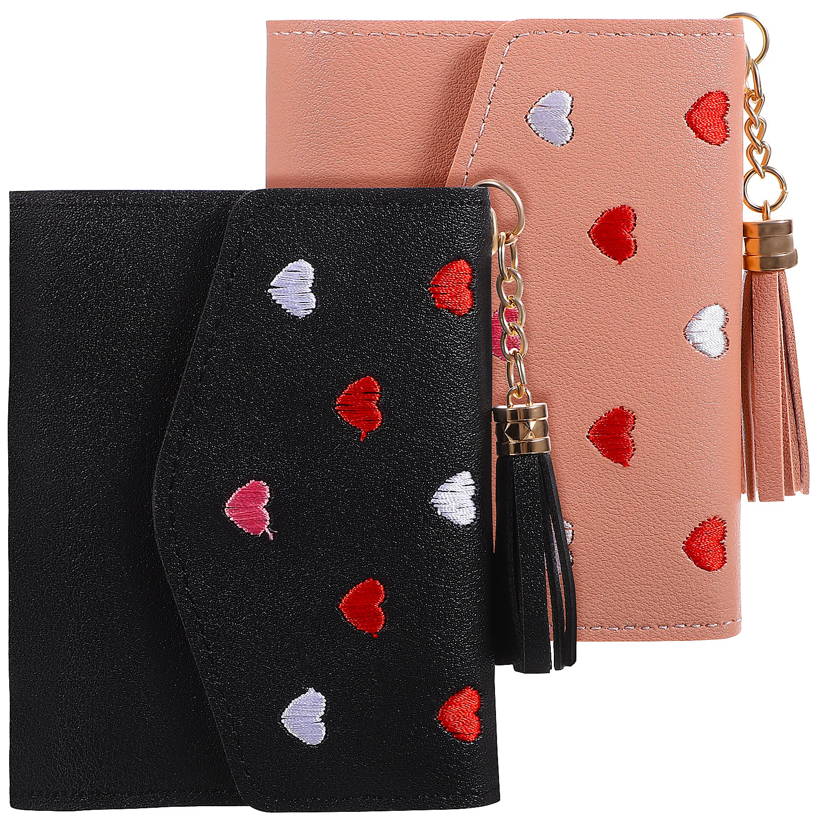 

2Pcs Embroidery Heart Pattern Wallet PU Compact Tri-Fold Wallets for Women Credit Card Coin Cash Holder Small Purse