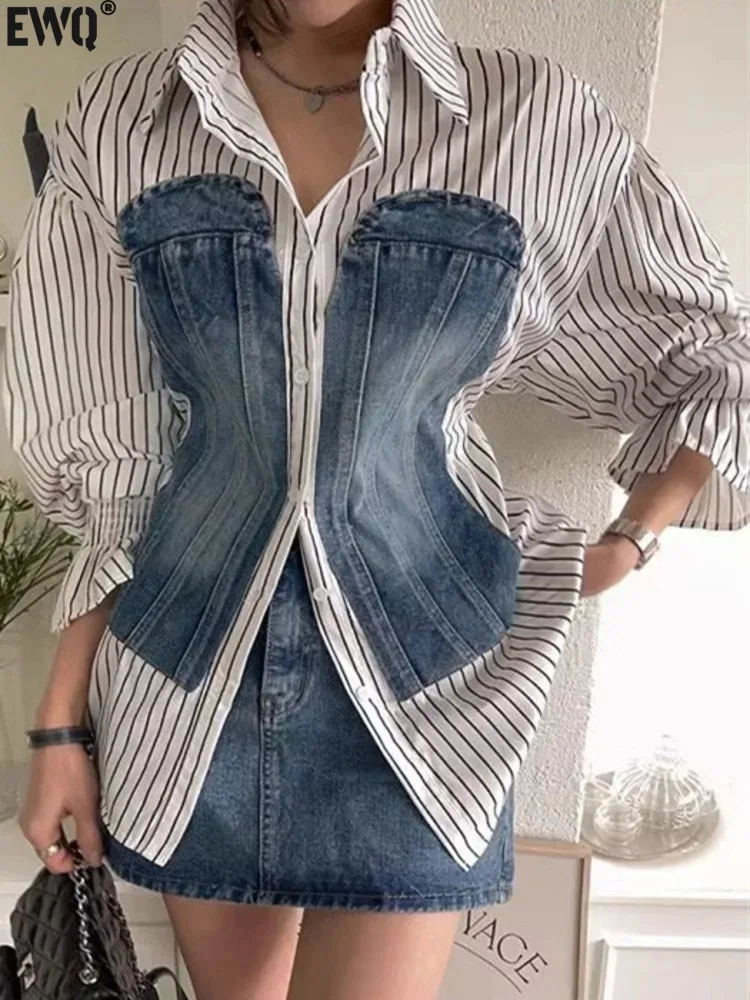 [EWQ] Korean Fashion Denim Patchwork Long Sleeve Striped Blouse Slim Single Breasted Temperament Women Shirt 2024 Autumn 16O2465