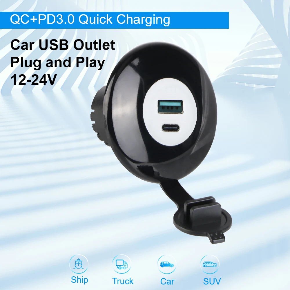 Dual USB Power Adapter Outlet PD3.0 Type-C Port Adapter Car Charger Socket For Auto Truck ATV RV Bus Quick Charge