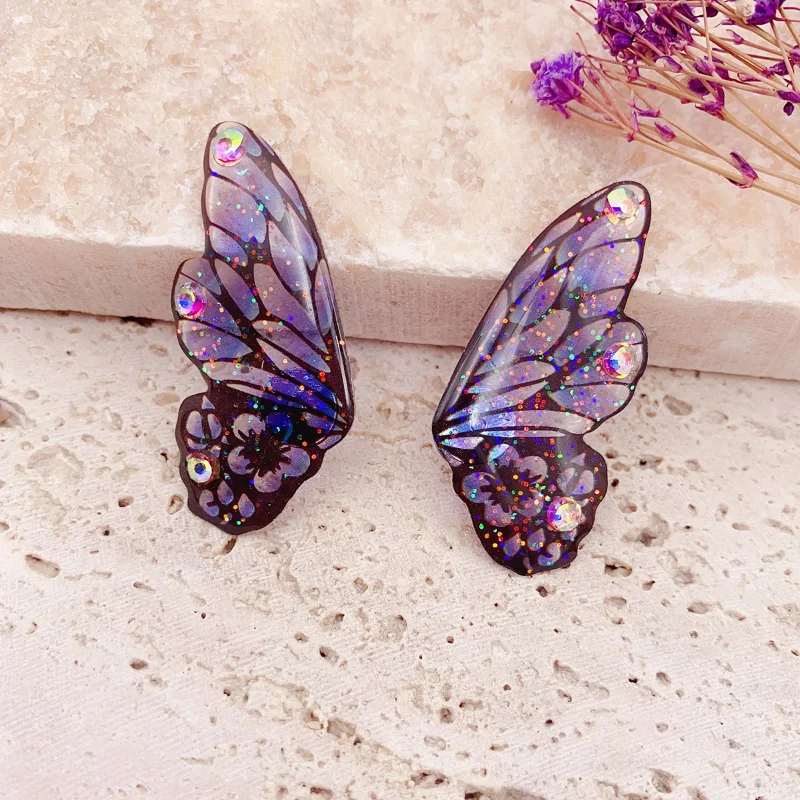 Minar Fantasy Gradient Blue Color Resin Butterfly Wings Drop Earrings for Women Femme Shiny Rhinestone Glitter Pendant Earring