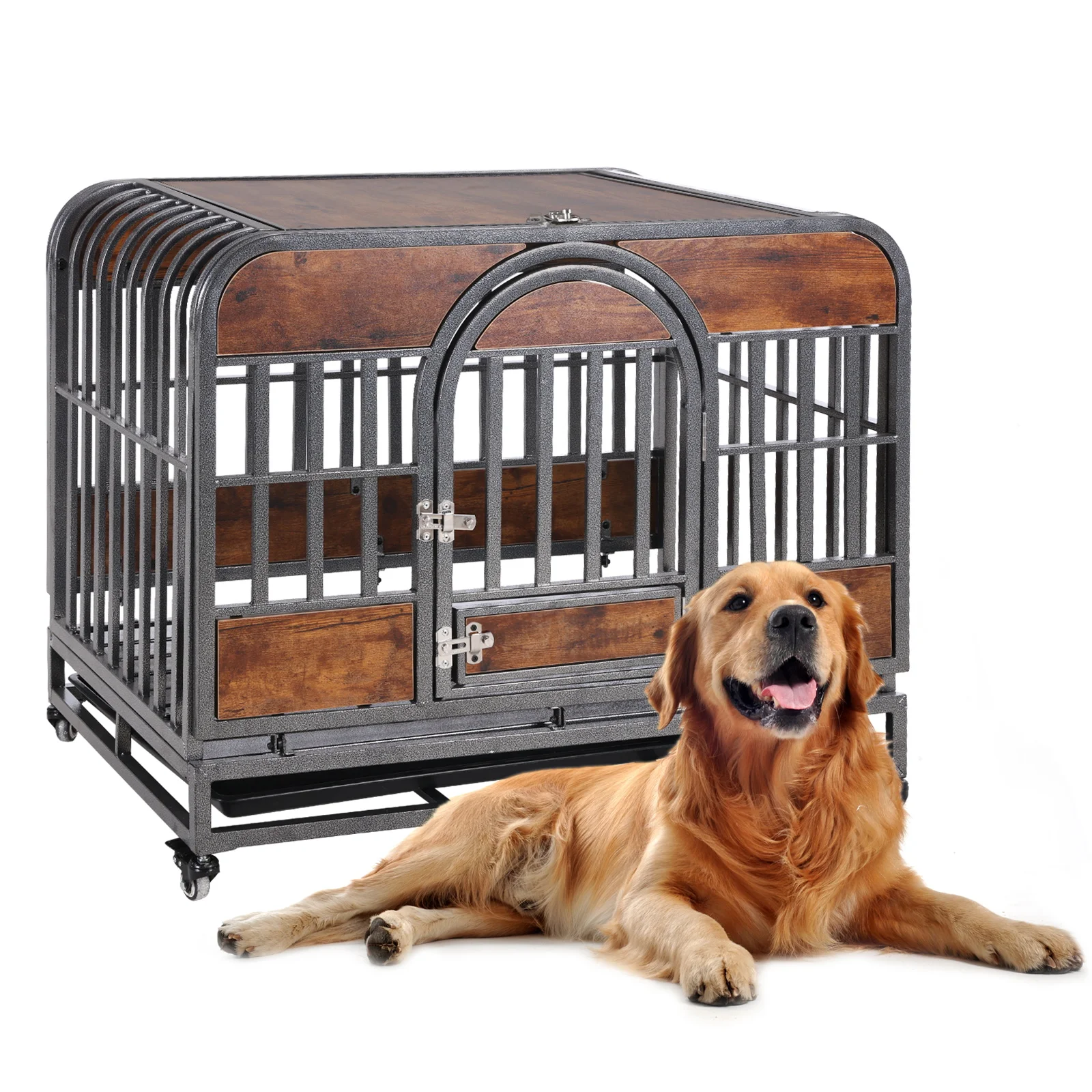 46in Dog Kennel Furniture, Heavy Duty Dog Crate with Removable Trays and Wheels, Metal Dog Crates for Large Dogs