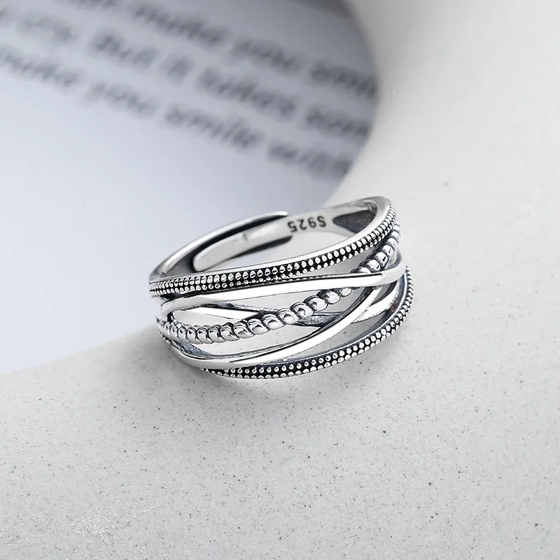 925 Sterling Silver Simple Line and Geometric Opening Ring form Women and Men, Ins Style