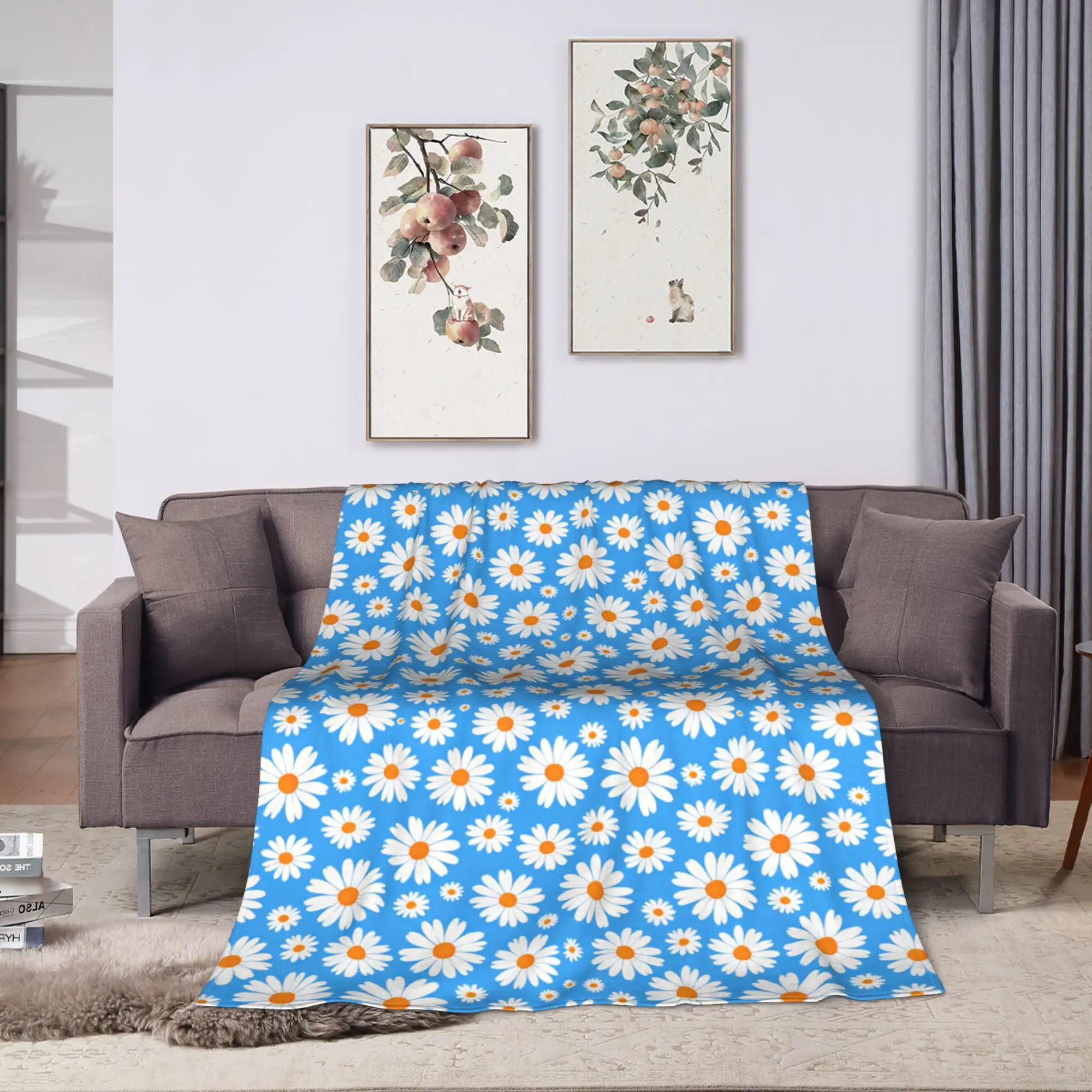 Blue Background Daisy Seamless Pattern Soft Blanket For Living Room  Trend Throw Blanket Winter Travel Car Flannel Bedspread