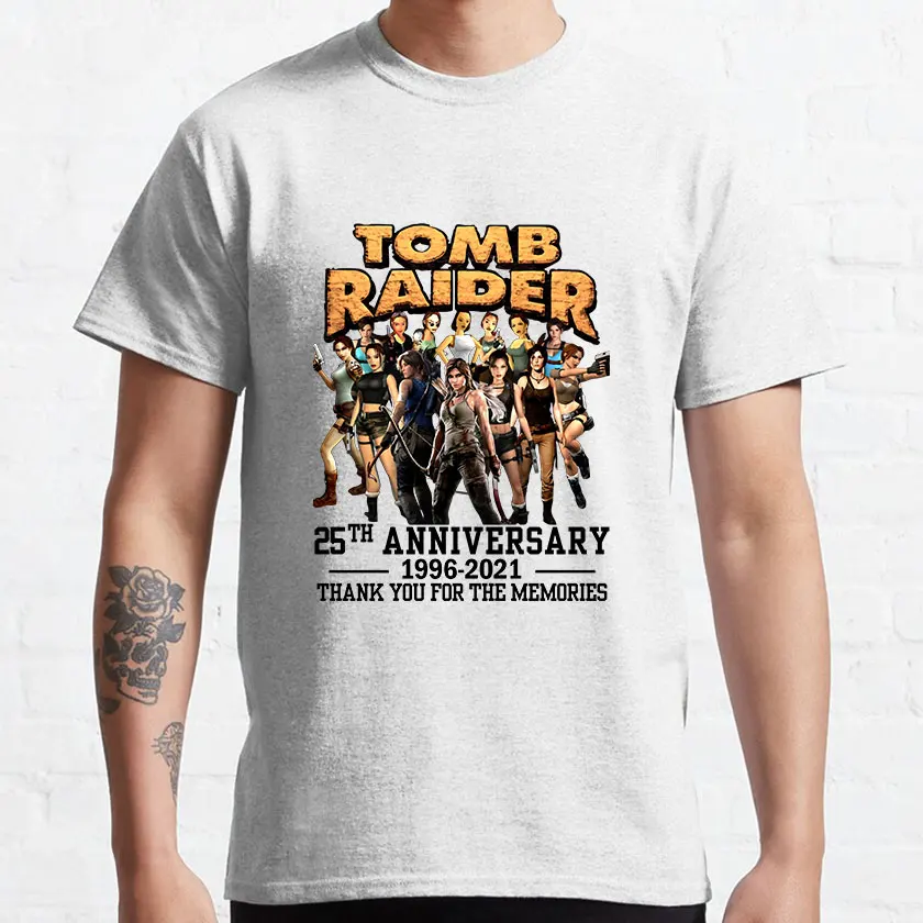 Tomb Raider vintage video game  Lara Croft printed t-shirt Pure Cotton Vintage mens clothes Plus size anime t-shirt for men