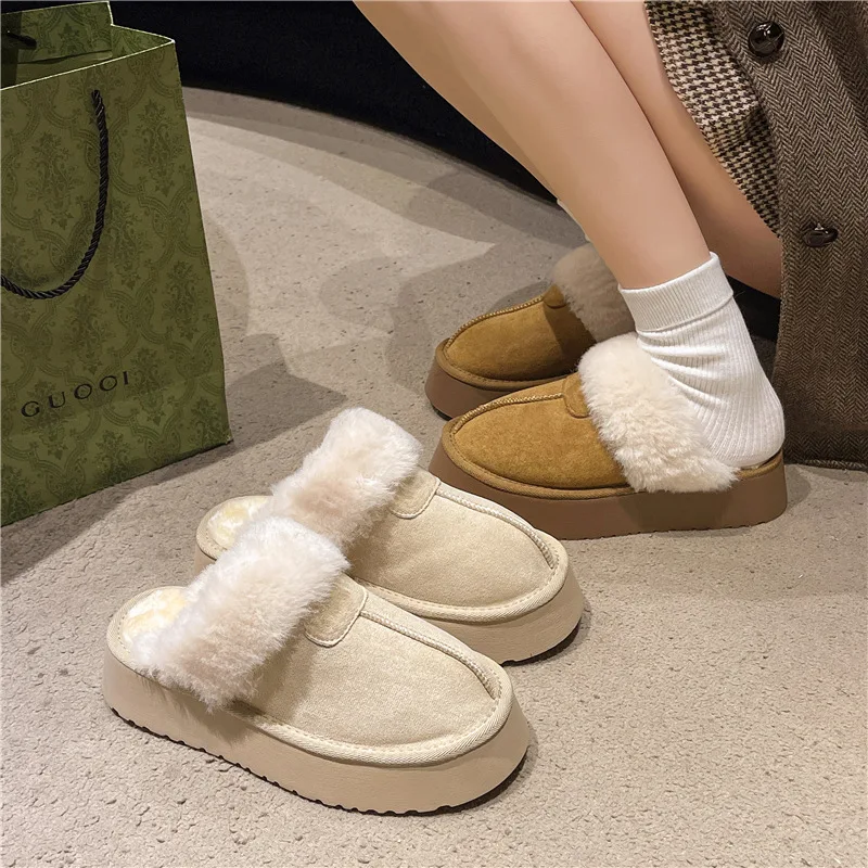 Scarpe con punta coperta Scarpe invernali da donna Pantofole con plateau Scivoli Infradito in pelliccia bassa Tacchi con zoccoli in peluche Stivali da neve Roma Tessuto PU Shearling