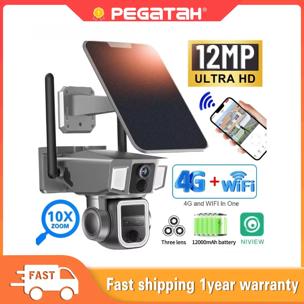 

PEGATAN 2in1 4G 12MP Dual Screen Solar Security Camera Outdoor PTZ WIFI Camera 3Lens 10XZoom Dual PIR Human Detection CCTV Cam