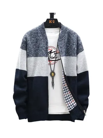 Autumn Winter Cardigan Sweater Men Fleece Zipper Sweaters Velvet Contrast Striped Sweater Coats Casual Jackets