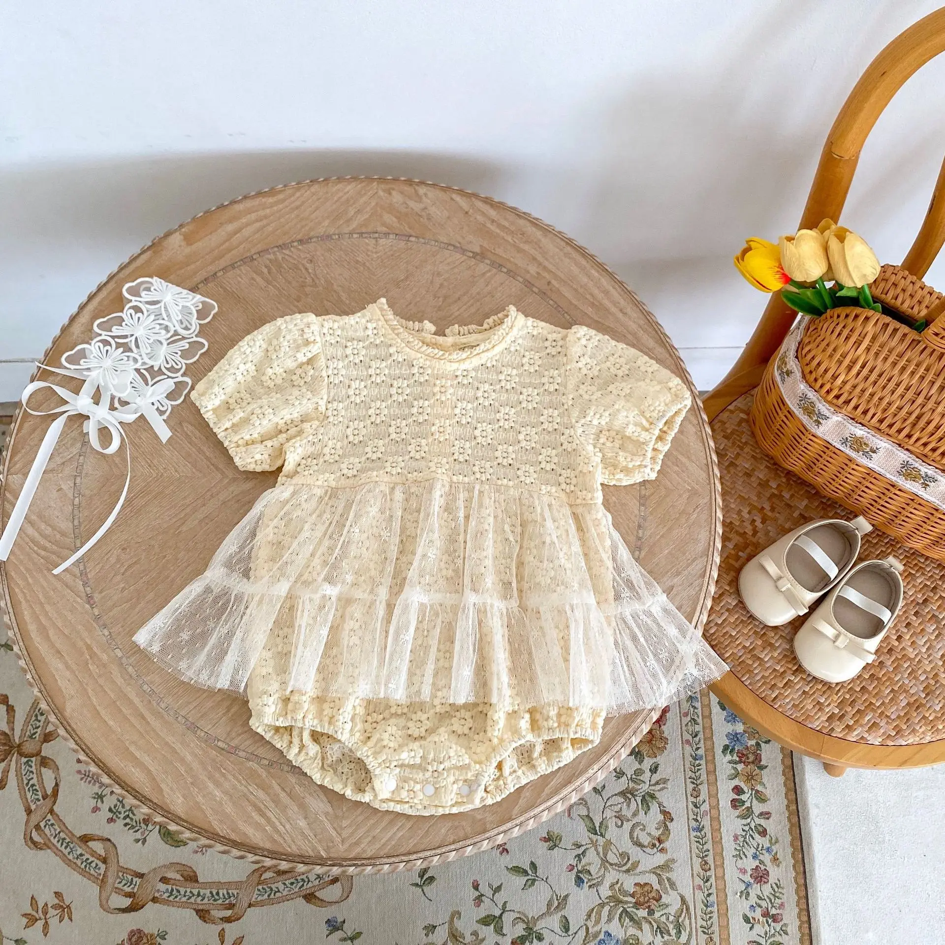 

Summer new baby clothes for 0-3 years old, mesh lace jumpsuits for girls, exquisite flower jacquard jumpsuits