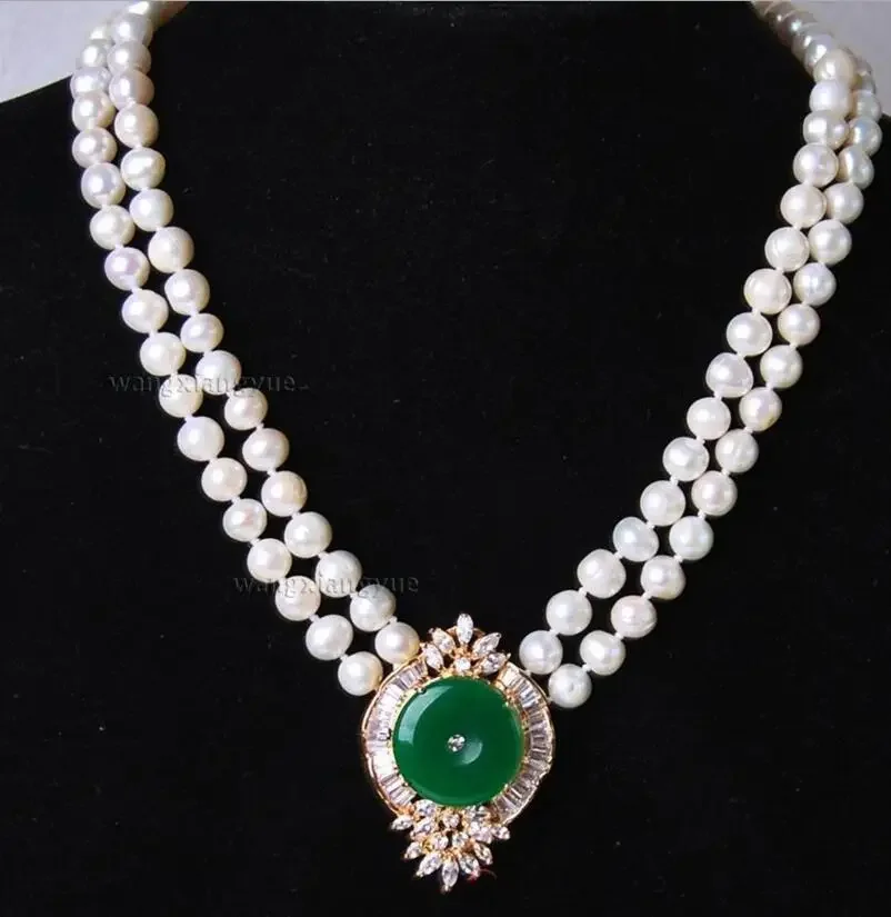 Fashion jewelry   Beautiful 2Rows White Pearl Green Jade Pendant Necklace