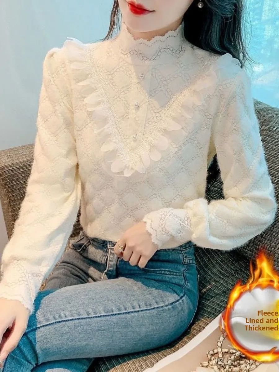 

High Collar Fleece Lined Thickened Long Sleeve Lace Top Women's Fashionable Autumn Winter Shirt Elegant Quality Base Layer
