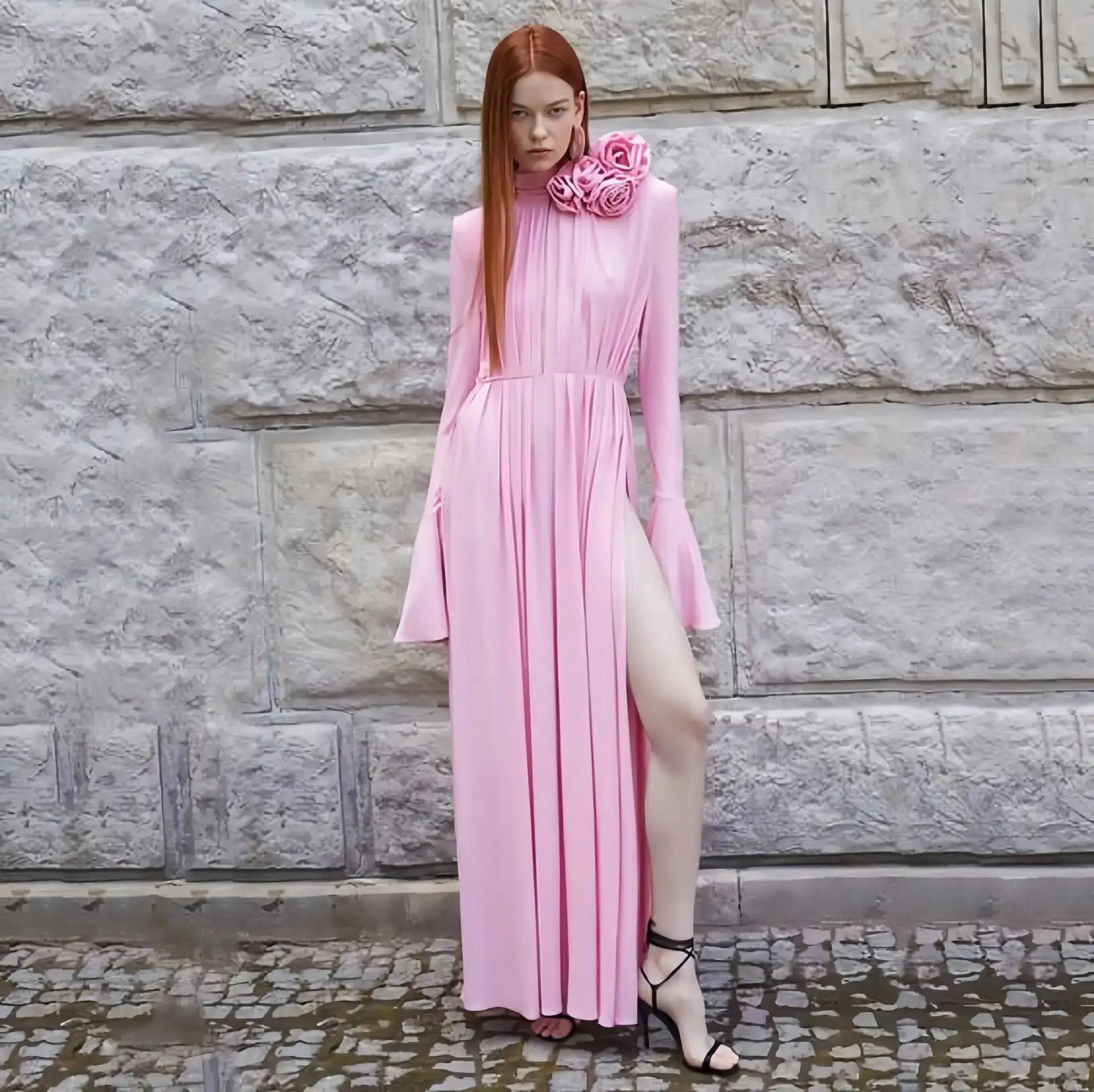 with Women's High-end Dress Hollowed Out Deep v Neck Hanging Dress Pleated and Draped Three-dimensional Flower Long Skirt Women - view 3