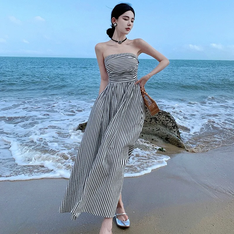 

2024 Summer New One Word Neck Off Shoulder Wrinkle Slimming High Waist A-line Skirt Striped strapless Beach Dress for Women