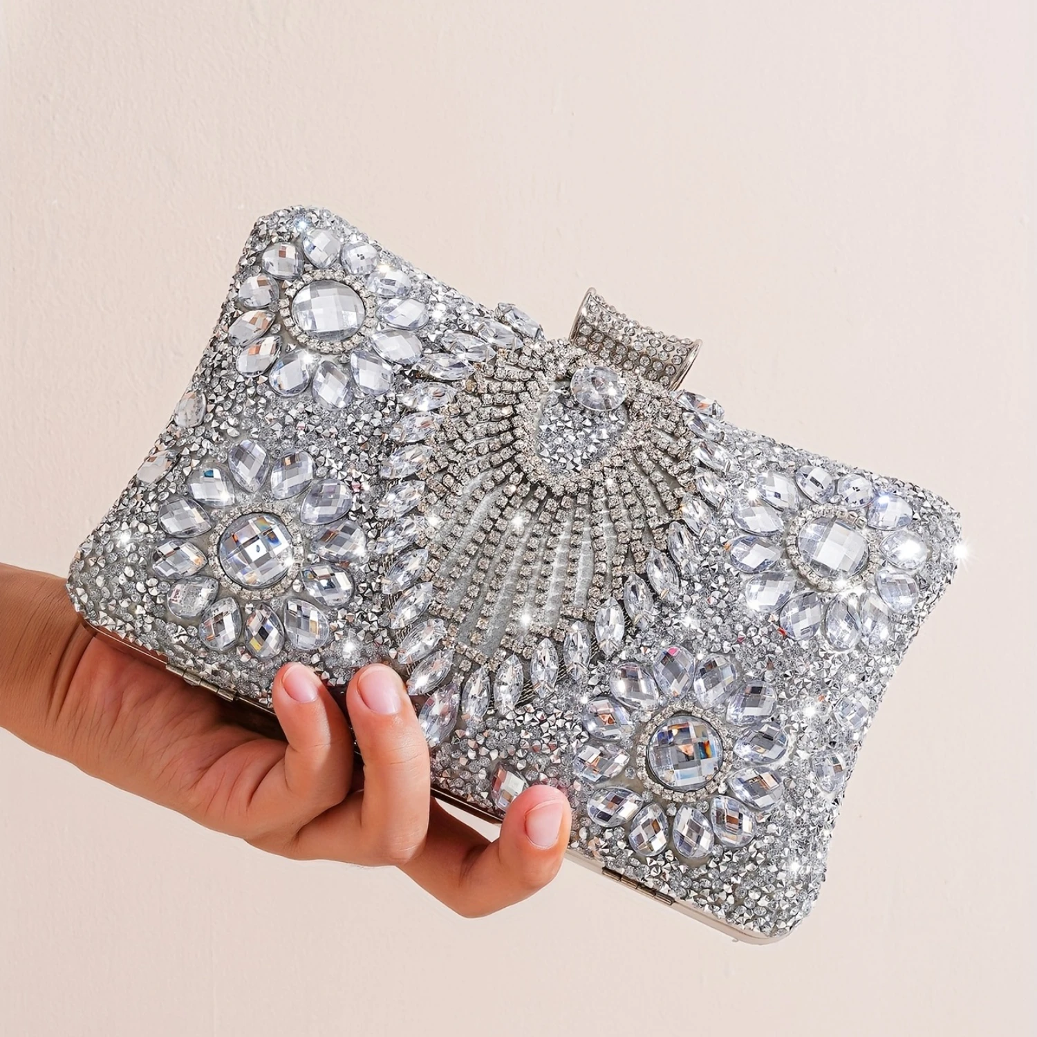 Silver Rhinestone Evening Clutch - Removable Strap, Buckle Closure, Bridal & Special Occasions, Luxurious Design