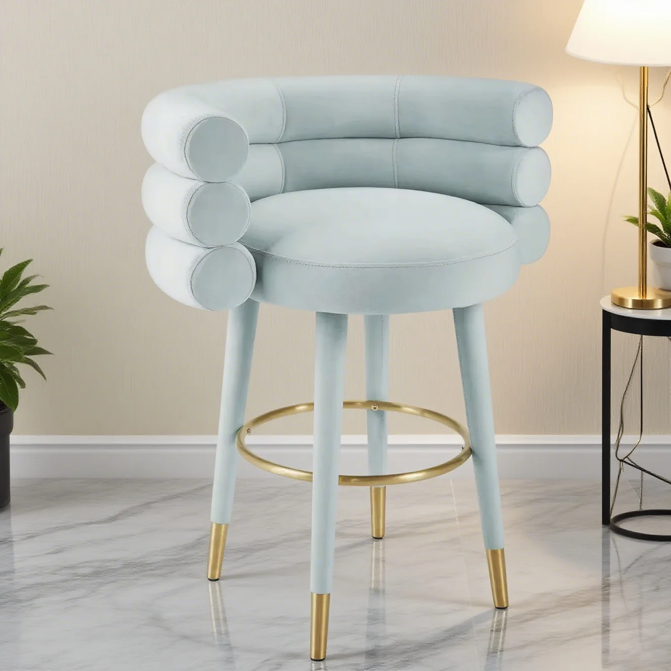 Light blue velvet bar stool with gold metal hoop footstool for a comfortable tufted back