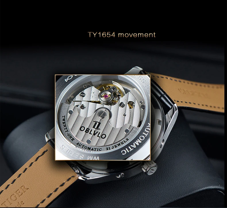 OBLVLO Men Automatic Watch 40mm Mechanical Wristwatch 5ATM Luminous Month,Week,Date,24 Hours TY1654 view 3