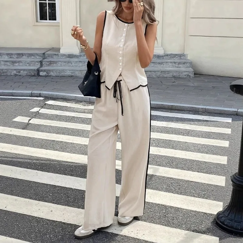 Nouvel ensemble débardeur et pantalon contrastant multicolore 2026 pour femme – Gilet sans manches et pantalon ample pour le quotidien, les voyages et le streetwear