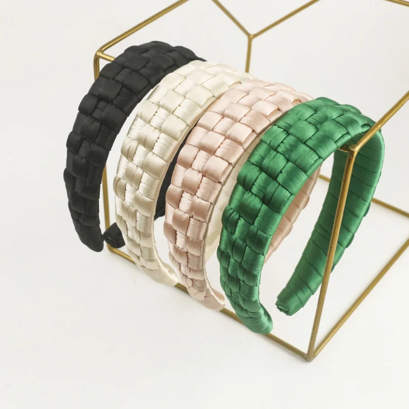 New Pure Color Woven Satin Headband Hair Hoop Handmade Checkered Hairbands Headdress Fashion Hair Band Hair Accessories Headwear