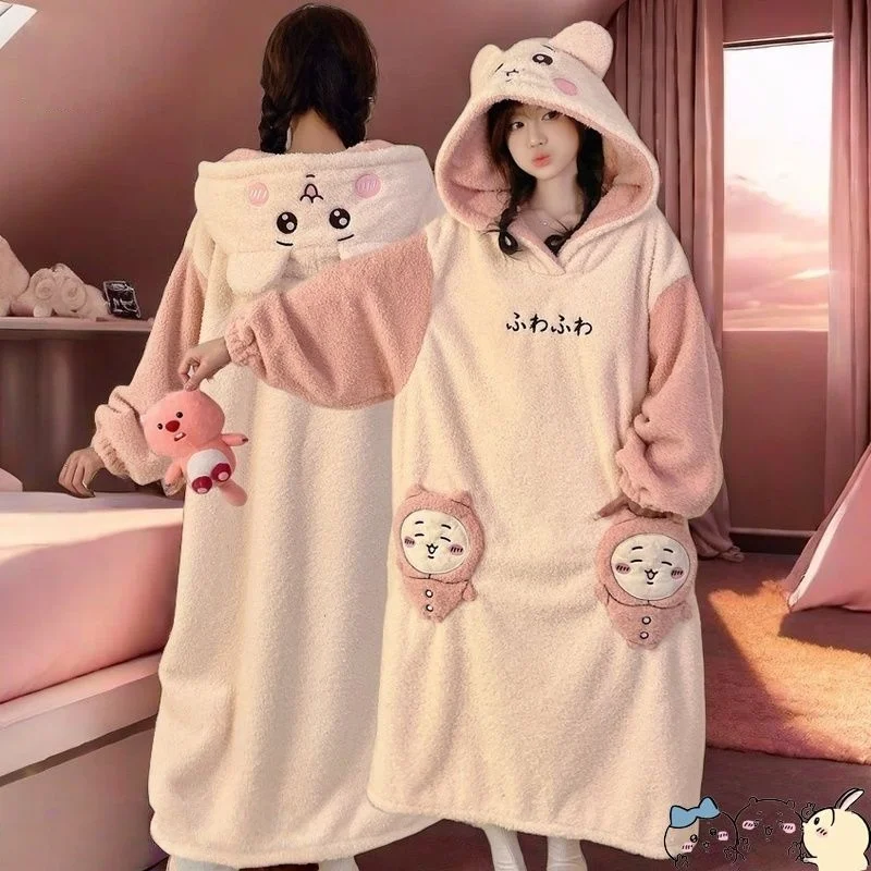 

Anime chiikawa autumn and winter pajamas for women, fashionable and plush thick nightgown Cartoon Cute Hooded Home Clothing Set