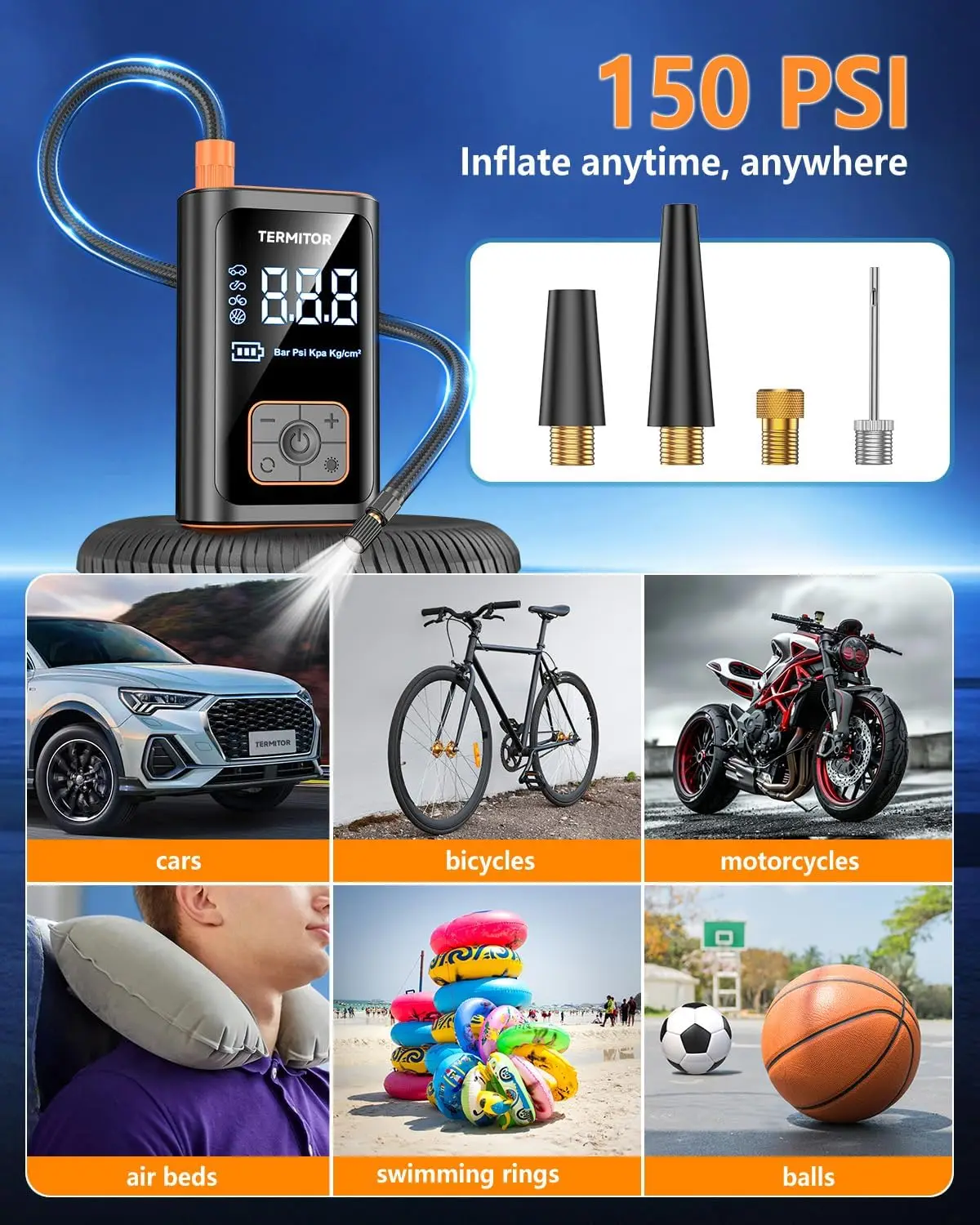 نافخة ضاغط هواء محمول 150 رطل لكل بوصة مربعة مضخة هواء لاسلكية مع مقياس ضغط رقمي، ضوء LED للطوارئ #2