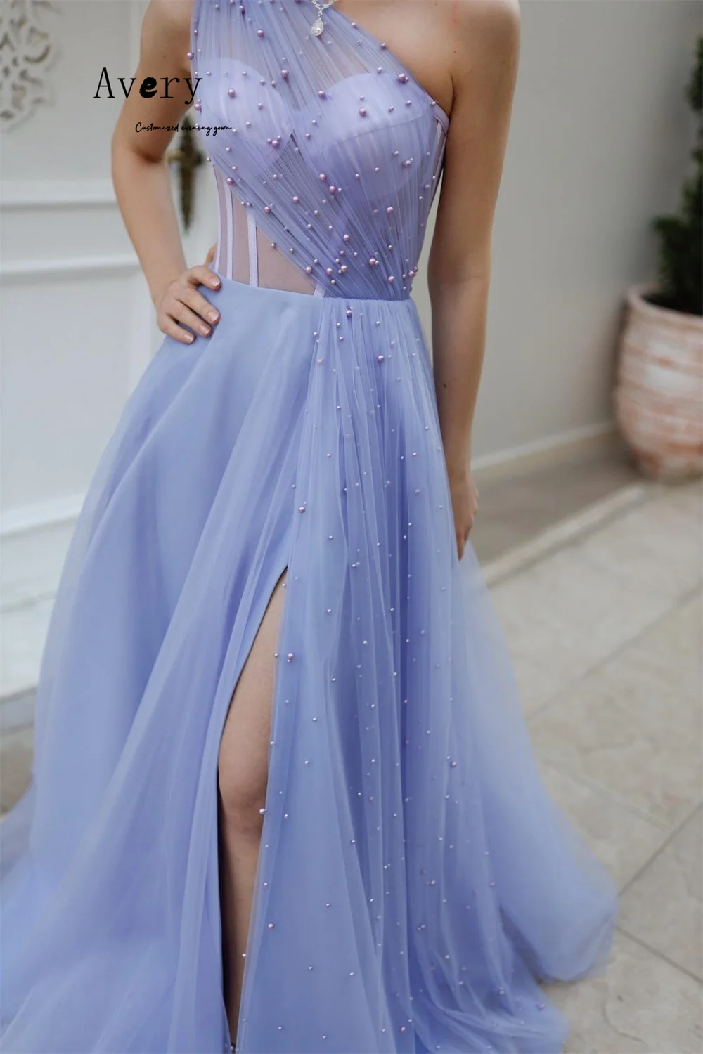 에이버리 커스텀 퍼플 슬리브리스 A라인 사이드 슬릿 우아한 이브닝 드레스 여성용 럭셔리 이브닝 드레스 2025 롱 프롬 드레스