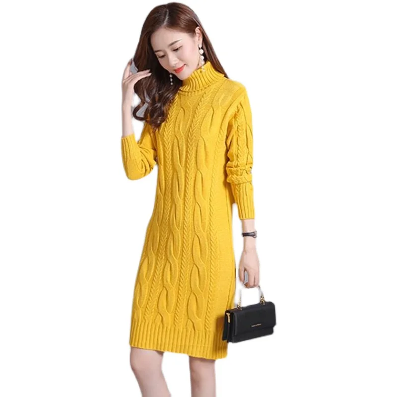 Women's Thiened Fce High Collar Sweater Loose Large Size Mid-Length Knitted Dr Knee-Length Base Layer Skirt