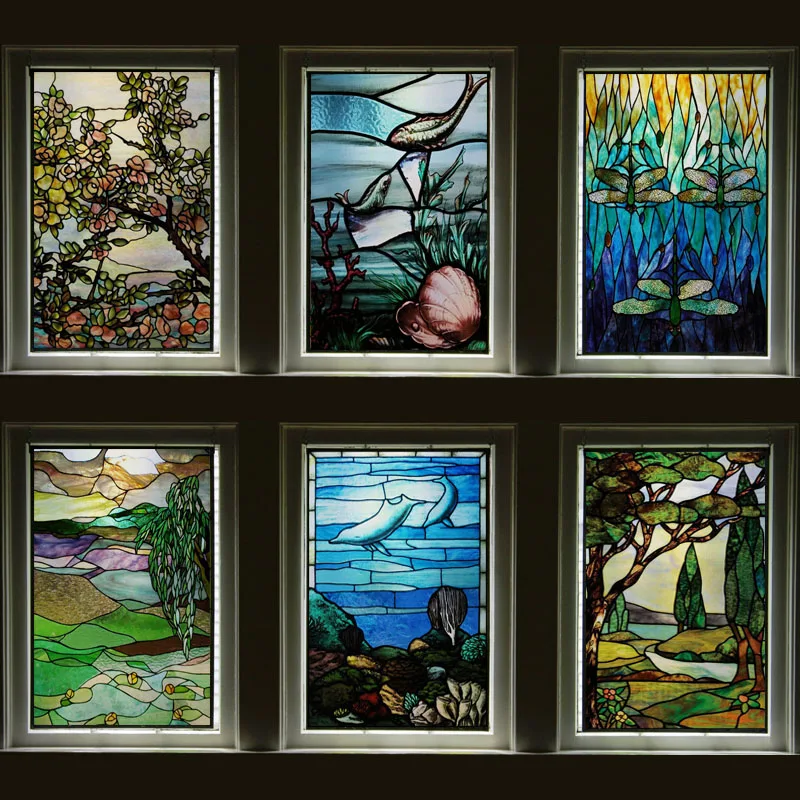 Window Film Frosted Stained Glass Films,Customized Privacy Static Cling,Retro Colorful Stickers Home Decor Bathroom Skylight