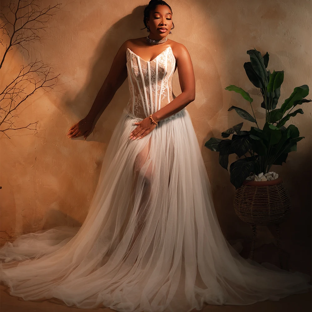 Aso Ebi Nigeria Wedding Dress for Bride to be Morning Robe Bridal Shower Dress Sweetheart Dropwaist Lace Tulle Customzied