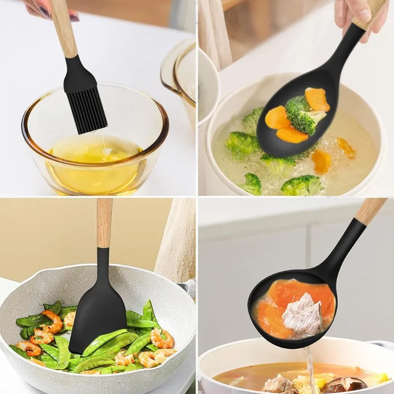 24-Hour Delivery Silicone Cooking Utensil Utensilas Set 12-Piece-Non-Stick, Heat Resistant Kitchen Tools Featuring Rubber Wood H