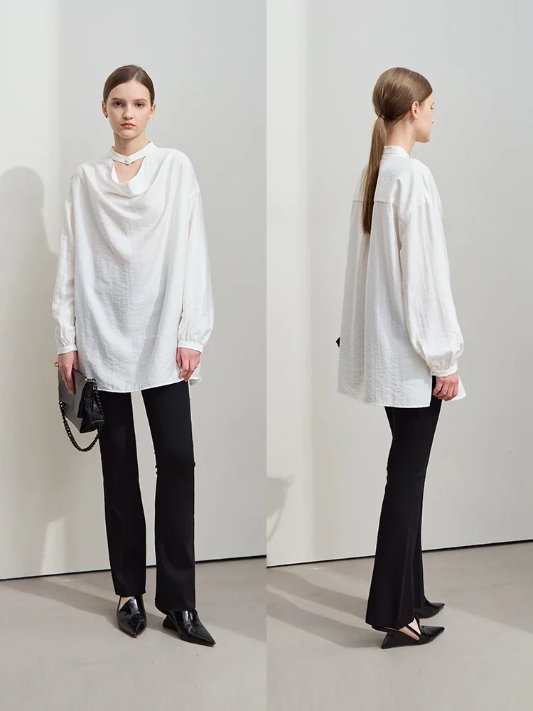 Amii Minimalist Solid Color Loose Mid Long Neck Lyocell Shirt 2025 Spring New Split Pearl Buckle Long Sleeve Casual Top 12551024