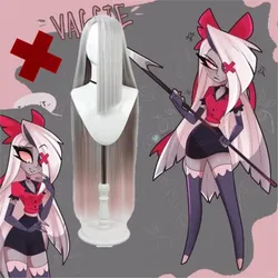 Anime Hazbin Vaggie Cosplay Hotel Vaggie Wig With Bow Headwear Vaggie 90cm Long Hair White Sliver Hair Women Halloween Cosplay