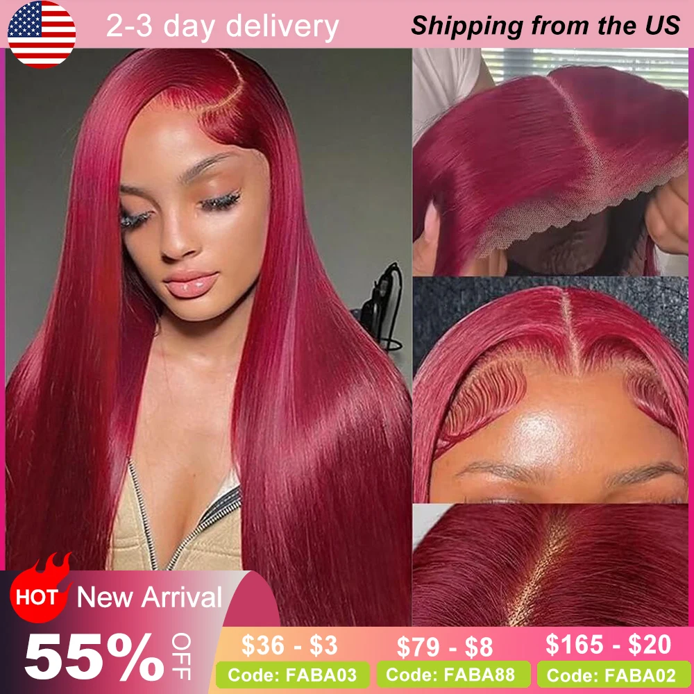 32 Inch Glueless Burgundy Straight Human Hair Wig 99J Straight Lace Front Wig Glueless Human Hair Wig180%Density with Baby Hair