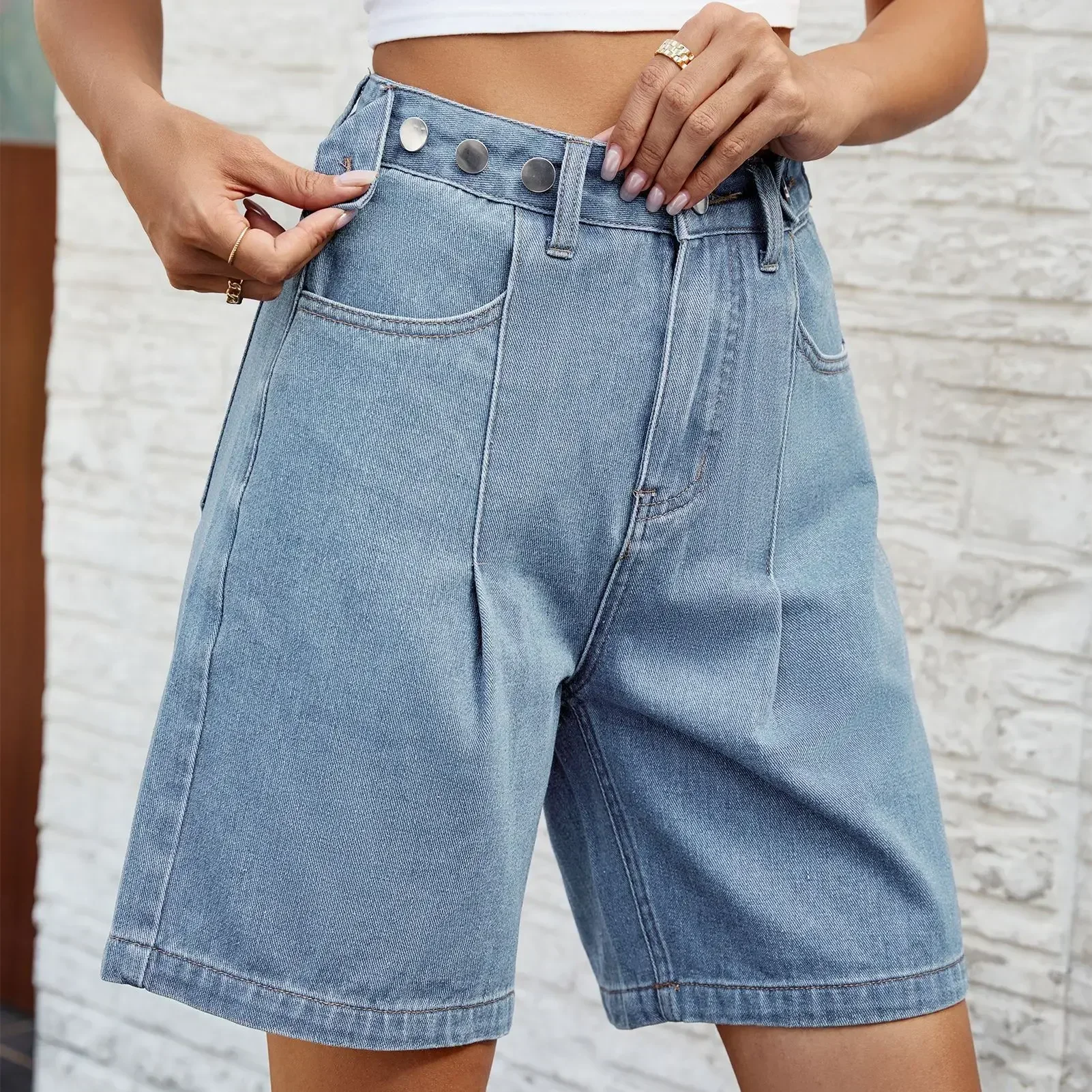 Women High Waist Solid Color Button Jeans Denim Shorts Pants Knee Length Straight Pants